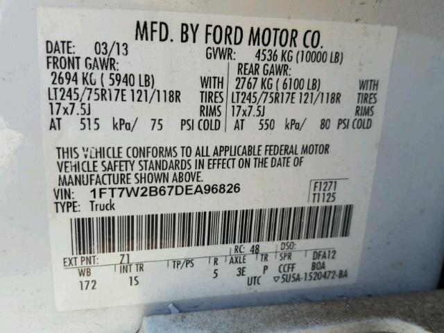 1FT7W2B67DEA96826 - 2013 FORD F250 SUPER WHITE photo 10