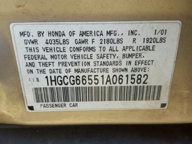 1HGCG66551A061582 - 2001 HONDA ACCORD LX GOLD photo 10