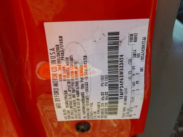 1FAFP34P63W333454 - 2003 FORD FOCUS RED photo 10