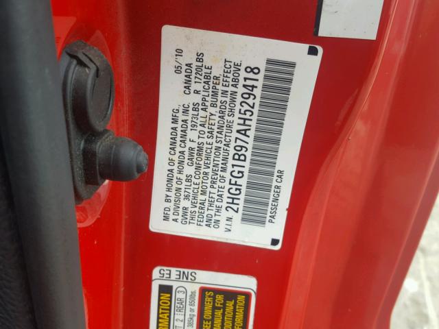 2HGFG1B97AH529418 - 2010 HONDA CIVIC EXL 红色 照片 10