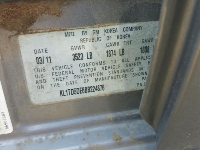 KL1TD5DE6BB224876 - 2011 CHEVROLET AVEO LS GRAY photo 10