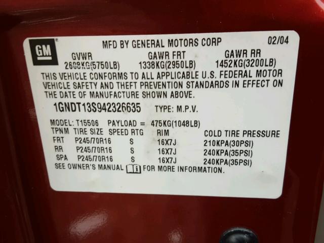 1GNDT13S942326635 - 2004 CHEVROLET TRAILBLAZE RED photo 10