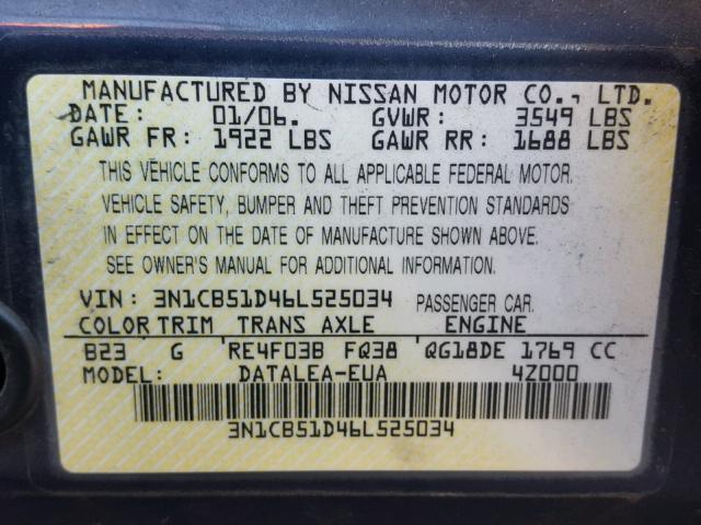 3N1CB51D46L525034 - 2006 NISSAN SENTRA 1.8 BLUE photo 10