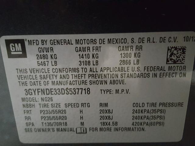 3GYFNDE33DS537718 - 2013 CADILLAC SRX PERFOR 灰色 照片 10