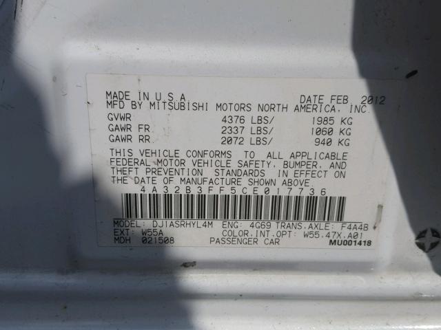 4A32B3FF5CE017736 - 2012 MITSUBISHI GALANT ES WHITE photo 10