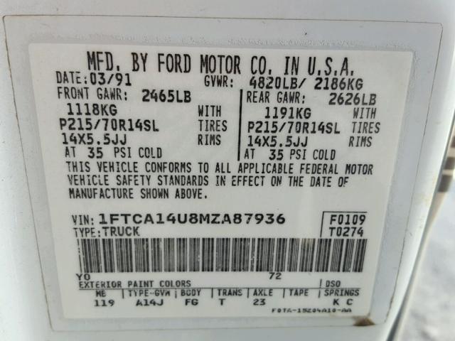 1FTCA14U8MZA87936 - 1991 FORD AEROSTAR WHITE photo 10