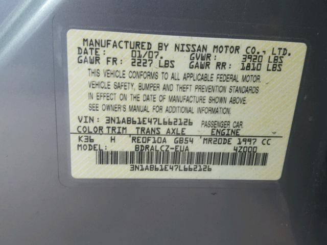 3N1AB61E47L662126 - 2007 NISSAN SENTRA 2.0 GRAY photo 10