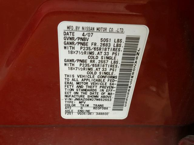 JN8AZ08W27W652553 - 2007 NISSAN MURANO RED photo 10