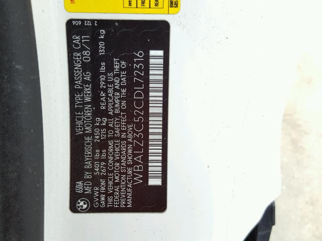 WBALZ3C52CDL72316 - 2012 BMW 650 I WHITE photo 10