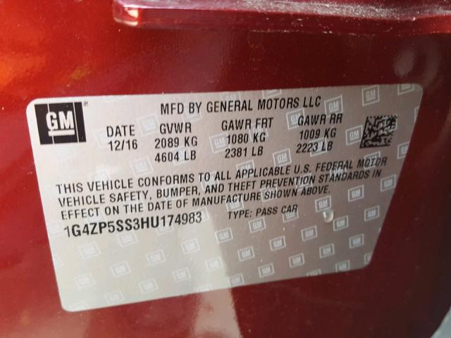 1G4ZP5SS3HU174983 - 2017 BUICK LACROSSE E BURGUNDY photo 10