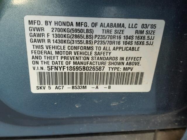 5FNYF18695B026587 - 2005 HONDA PILOT EXL BLUE photo 10