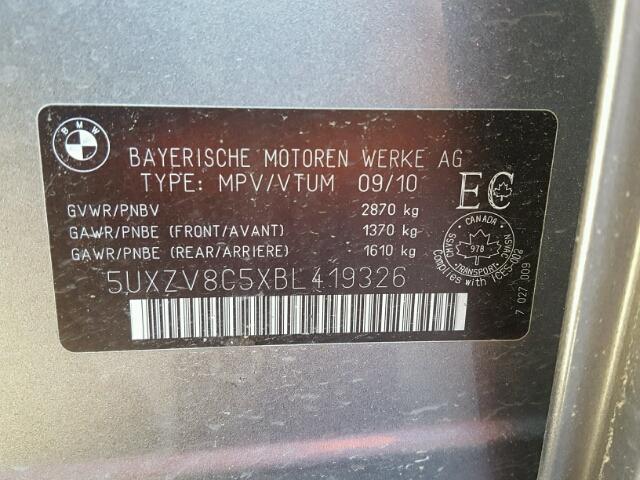 5UXZV8C5XBL419326 - 2011 BMW X5 XDRIVE5 GRAY photo 10