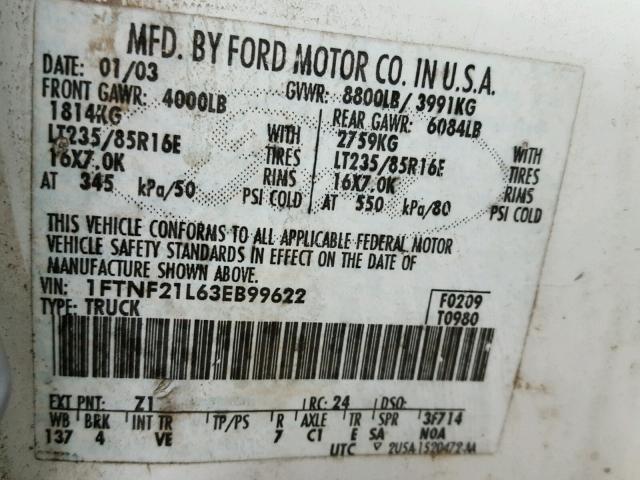 1FTNF21L63EB99622 - 2003 FORD F250 SUPER WHITE photo 10