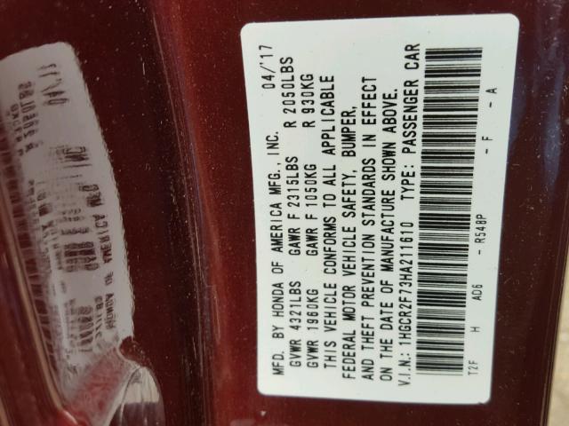 1HGCR2F73HA211610 - 2017 HONDA ACCORD MAROON photo 10