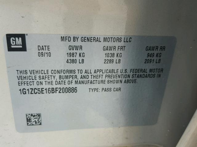 1G1ZC5E16BF200886 - 2011 CHEVROLET MALIBU 1LT 金色 照片 10