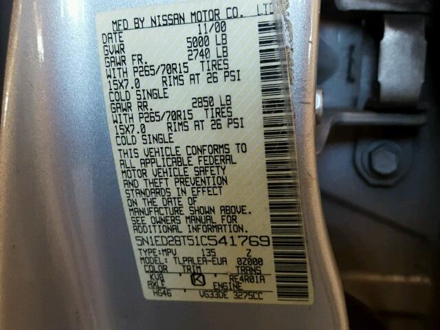 5N1ED28T51C541769 - 2001 NISSAN XTERRA XE SILVER photo 10