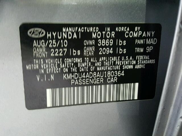 KMHDU4AD8AU180364 - 2010 HYUNDAI ELANTRA BL GRAY photo 10