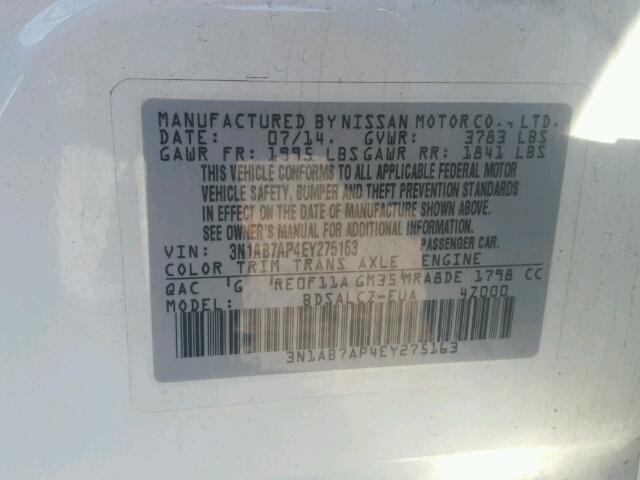 3N1AB7AP4EY275163 - 2014 NISSAN SENTRA S SILVER photo 10