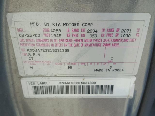 KNDJA723815031339 - 2001 KIA SPORTAGE SILVER photo 10