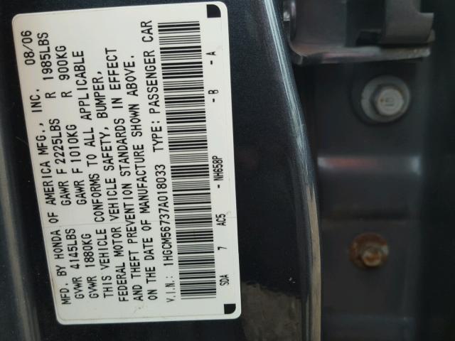 1HGCM56737A018033 - 2007 HONDA ACCORD EX GRAY photo 10