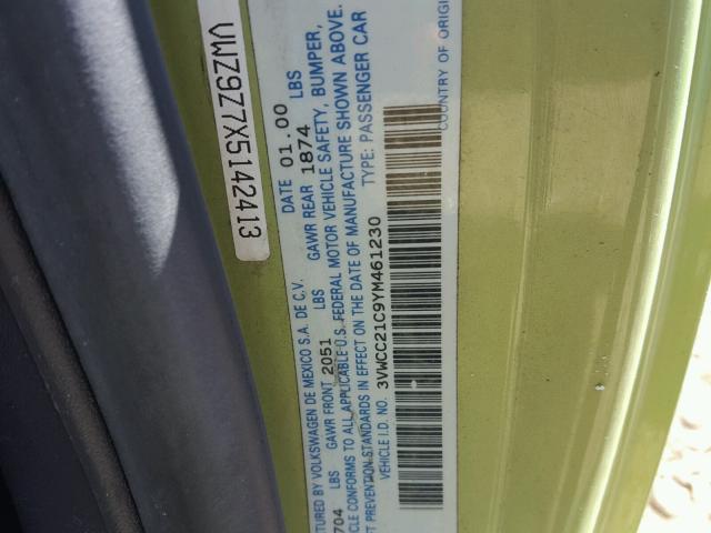 3VWCC21C9YM461230 - 2000 VOLKSWAGEN NEW BEETLE მწვანე ფოტო 10