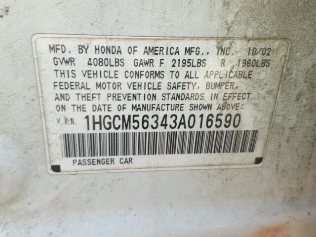 1HGCM56343A016590 - 2003 HONDA ACCORD WHITE photo 10