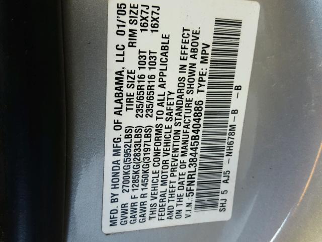 5FNRL38445B404886 - 2005 HONDA ODYSSEY EX GRAY photo 10