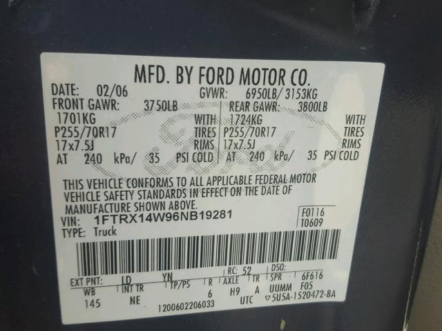 1FTRX14W96NB19281 - 2006 FORD F150 BLUE photo 10