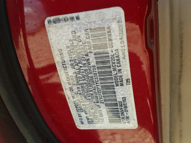 2T1CF22P1YC338736 - 2000 TOYOTA CAMRY SOLA RED photo 10