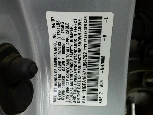 1HGFA16577L094792 - 2007 HONDA CIVIC LX SILVER photo 10