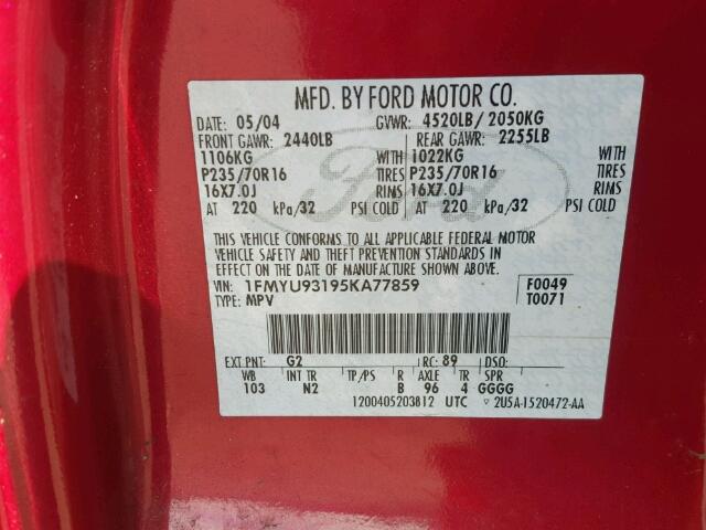 1FMYU93195KA77859 - 2005 FORD ESCAPE RED photo 10