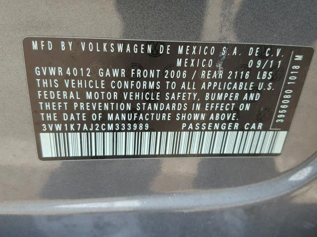 3VW1K7AJ2CM333989 - 2012 VOLKSWAGEN JETTA BASE 灰色 照片 10