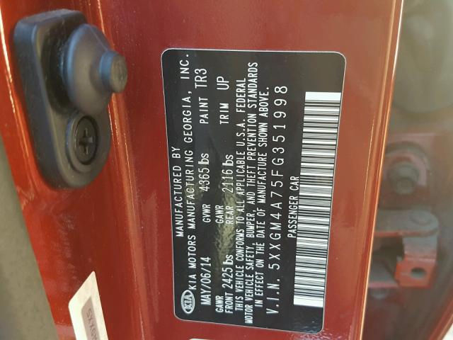 5XXGM4A75FG351998 - 2015 KIA OPTIMA LX RED photo 10