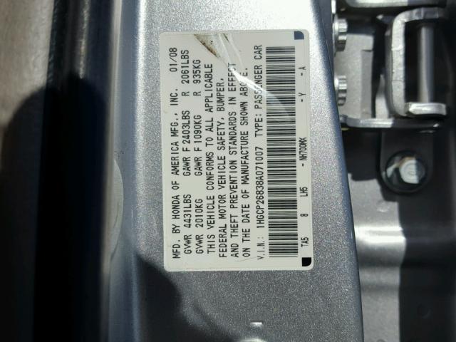 1HGCP26838A071007 - 2008 HONDA ACCORD EXL SILVER photo 10