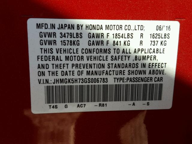 JHMGK5H73GS006783 - 2016 HONDA FIT EX RED photo 10