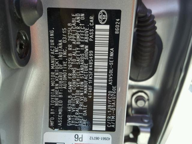 4T4BF1FK5FR485499 - 2015 TOYOTA CAMRY SILVER photo 10