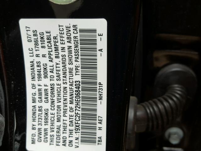 19XFC2F72HE068403 - 2017 HONDA CIVIC EX შავი ფოტო 10