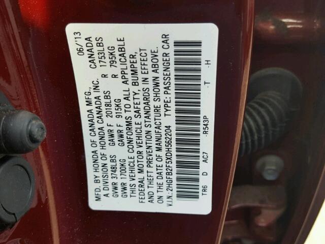 2HGFB2F5XDH562204 - 2013 HONDA CIVIC LX BURGUNDY photo 10