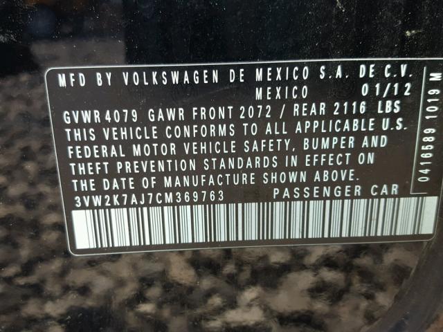 3VW2K7AJ7CM369763 - 2012 VOLKSWAGEN JETTA BASE Սև լուսանկար 10