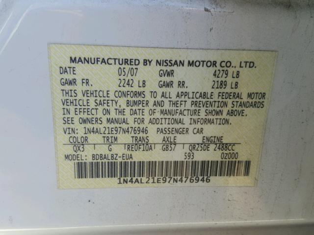 1N4AL21E97N476946 - 2007 NISSAN ALTIMA 2.5 WHITE photo 10