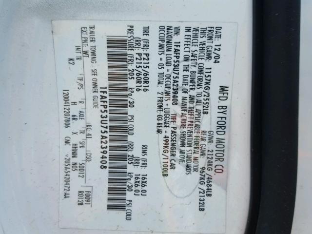 1FAFP53U75A239408 - 2005 FORD TAURUS SE WHITE photo 10