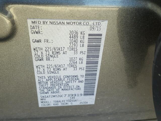 5N1AT2MT2GC739919 - 2016 NISSAN ROGUE S GRAY photo 10