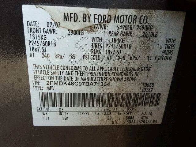 2FMDK48C97BA71364 - 2007 FORD EDGE GRAY photo 10