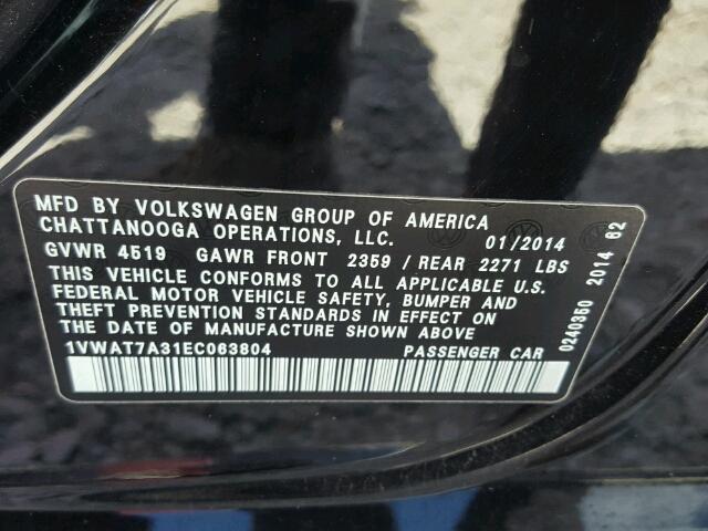 1VWAT7A31EC063804 - 2014 VOLKSWAGEN PASSAT S Սև լուսանկար 10