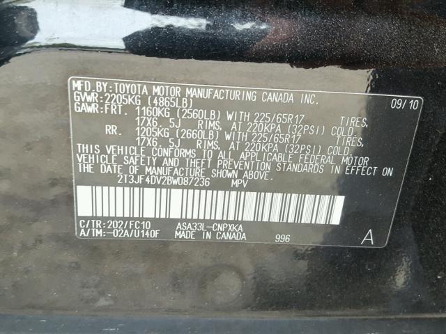 2T3JF4DV2BW087236 - 2011 TOYOTA RAV4 黑色 照片 10