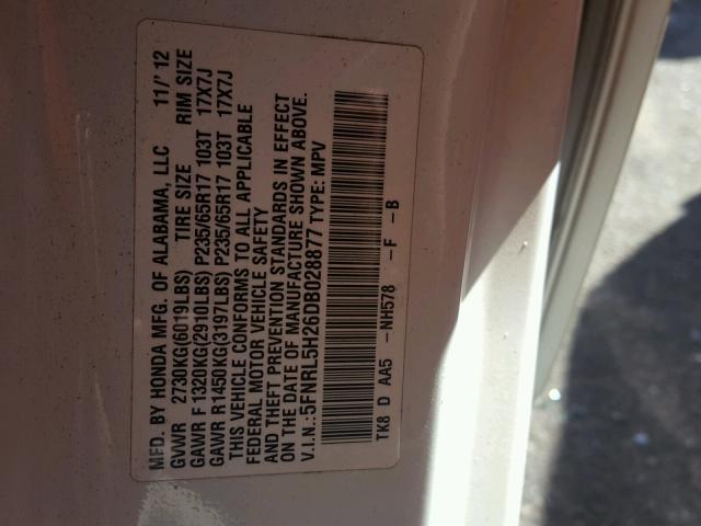 5FNRL5H26DB028877 - 2013 HONDA ODYSSEY WHITE photo 10