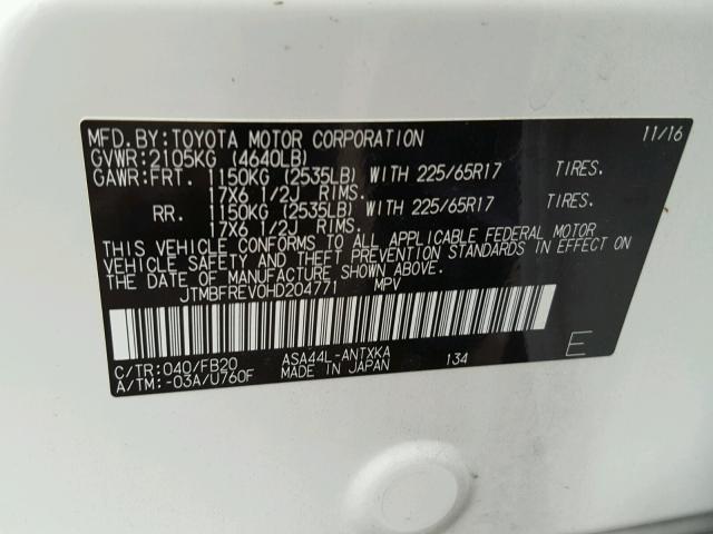 JTMBFREV0HD204771 - 2017 TOYOTA RAV4 LE WHITE photo 10