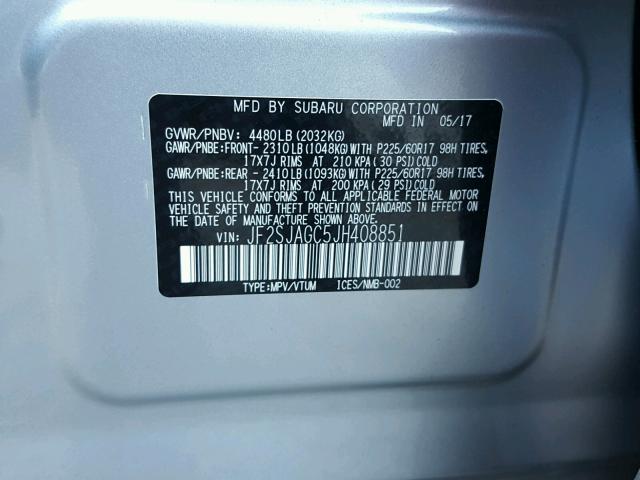 JF2SJAGC5JH408851 - 2018 SUBARU FORESTER 2 SILVER photo 10