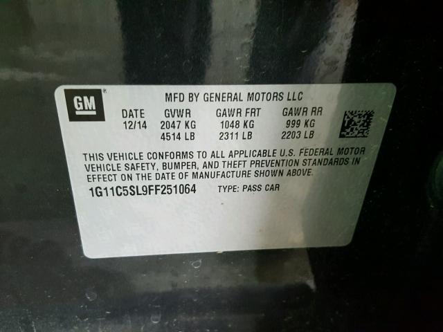 1G11C5SL9FF251064 - 2015 CHEVROLET MALIBU 1LT შავი ფოტო 10