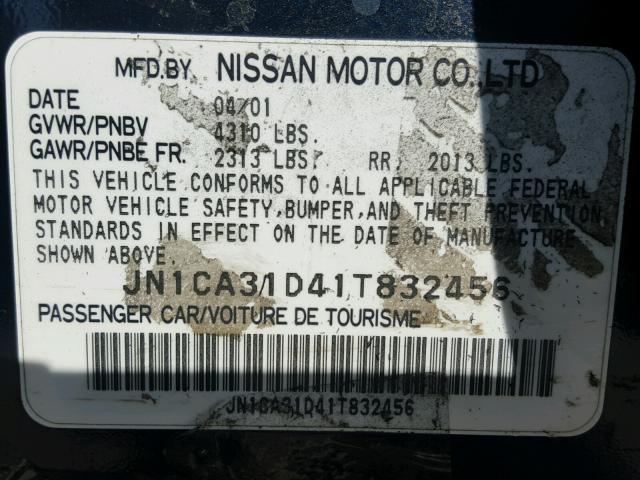 JN1CA31D41T832456 - 2001 NISSAN MAXIMA GXE BLUE photo 10